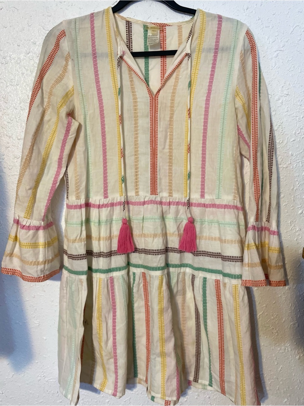 Pilyq Cream Tunic Dress with Pink Tassels and Multicolor Stripes